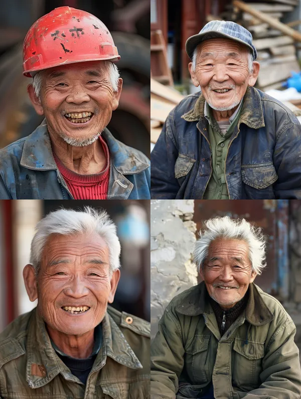 /imagine a 50 years old Chinese construction worker, white hair, smiling, super clarity --relax --aspect 3:4 --version 6 --quality 1 --stylize 100