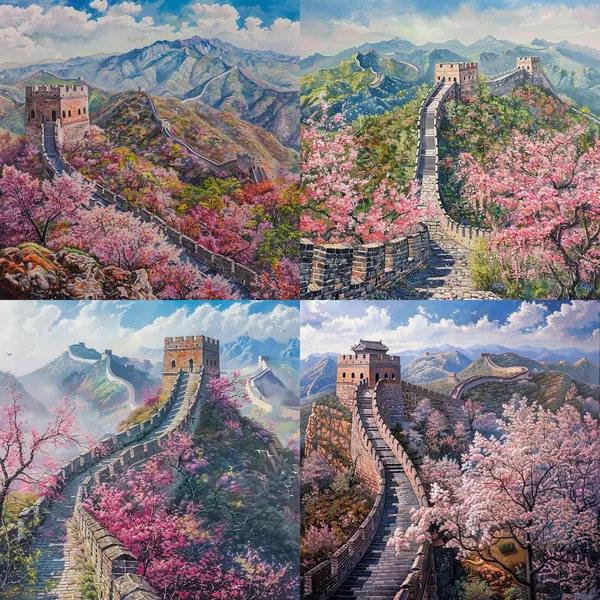 /imagine The Great Wall of China under the marker painting is in full bloom during the spring season --relax --aspect 1:1 --version 6 --quality 1 --stylize 100