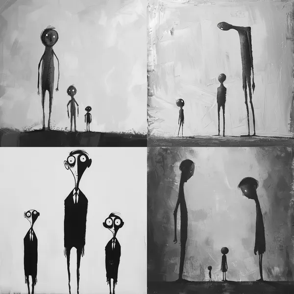 /imagine Draw me a simple black and white cartoon. This painting should have three parts. The first part is a thin little man, the second part is a small man of medium height, and the third part is a very strong little man. --relax --aspect 1:1 --version 6 --quality 1 --stylize 100