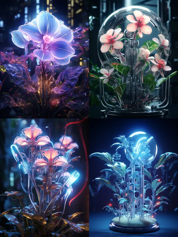 /imagine futuristic plants, sense of design, digital art, plants are of glass texture, metal, transparent plastic, neon light, hyperrealistic, science-fiction, cyber punk, super details, 3d art, behance, cinematic lighting, 8k, --ar 3:4 --relax --aspect 4:3 --version 5.2 --quality 1 --stylize 100