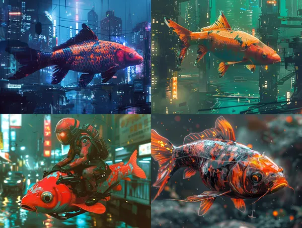 /imagine Cyberpunk koi --relax --aspect 4:3 --version 6 --quality 1 --stylize 100