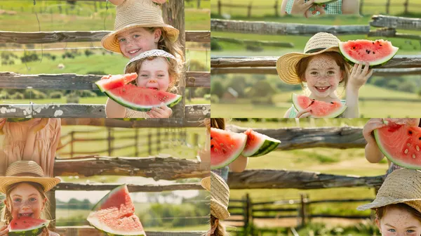 /imagine a little girl eating watermelon on a farm, by Maria Hernandez, unsplash, joyful expression, green fields, sunny day, bright colors, rustic atmosphere, wooden fence, straw hat, freckles, pure happiness, blissful moment --relax --aspect 16:9 --version 6 --style raw --tile --quality 1 --stylize 100 --no 衣服