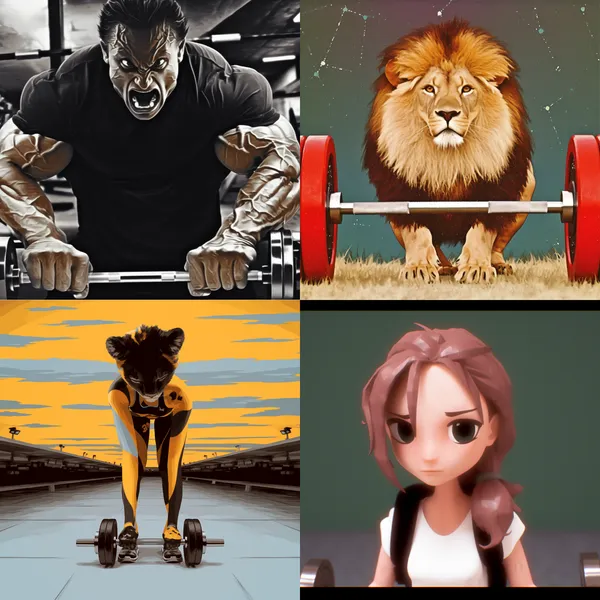/imagine https://cdn.discordapp.com/attachments/1146846444343533700/1233391419633172500/1714133827589965.png?ex=662cecc5&is=662b9b45&hm=0083e0338d847710d87b0faf2a18ca649a54705ee7f15b5501befaa7857d95b9& A 3D cartoon-style representation of the Leo zodiac sign is depicted, holding a metal dumbbell, showcasing strength and determination. The artwork showcases three different perspectives: close-up, top view, and rear view, set in a modern gym with a metallic texture. The color scheme consists of opulent golden tones combined with deep cosmic blue and dark purple representing the starry sky. Soft ambient lighting and studio lights are used to accentuate the muscles' contours and textures. The level of detail is rendered in stunning 8K ultra-high-definition quality, highlighting the streamlined lion's fur and intricate silk attire. In this captivating scene, the Leo zodiac sign is surrounded by constellation symbols, conveying an inspirational and powerful emotional atmosphere. --niji 6 --aspect 1:1 --stylize 1000 --quality 2 --chaos 100