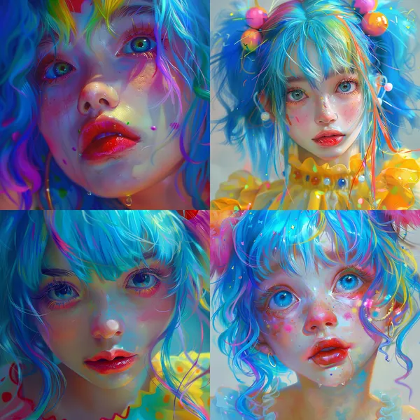 /imagine a blue, girl with colorful hair, in the style of yanjun cheng, clowncore, 32k uhd, painted illustrations, close up, lively tableaus, kawaii art HD 8K --relax --aspect 1:1 --version 6 --quality 1 --stylize 100