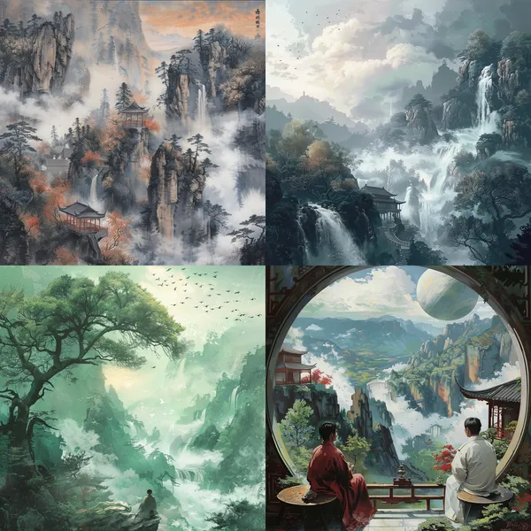 /imagine 带峰字，左边的山里有鱼的图片 --relax --aspect 1:1 --version 6 --quality 1 --stylize 100