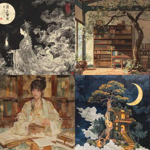 /imagine 書中自有黃金屋 --relax --aspect 1:1 --version 6 --quality 1 --stylize 100