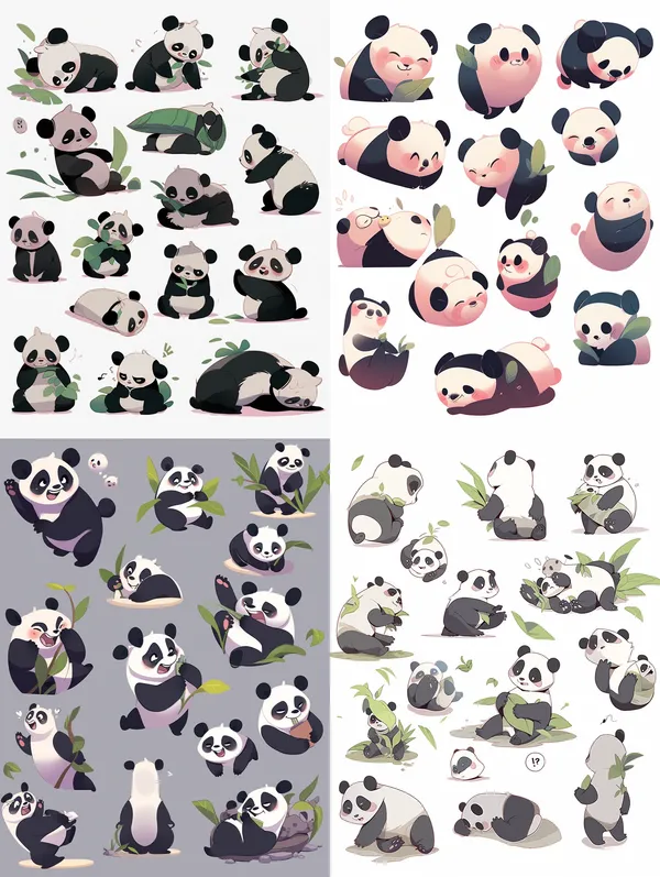 /imagine Design a WeChat emoticon pack, mainly featuring pandas, with various movements, a total of 15 little pandas, with different postures --relax --aspect 3:4 --niji 5 --style expressive --quality 1 --stylize 250