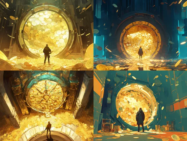/imagine A person standing in front of an open vault filled with gold coins and wealth. --relax --aspect 4:3 --niji 6 --quality 1 --stylize 100