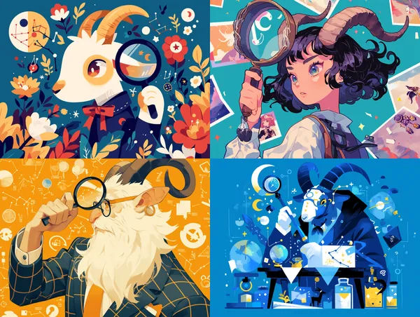 /imagine A curious Capricorn character holding a magnifying glass, examining different areas of life (work, finances, relationships), represented by small icons or illustrations around them. --relax --aspect 4:3 --niji 6 --quality 1 --stylize 100