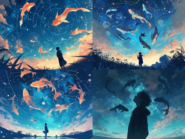 /imagine A person looking up at the night sky, with stars and zodiac symbols twinkling above. Several koi fish leap across the sky, symbolizing good luck arriving. --relax --aspect 4:3 --niji 6 --quality 1 --stylize 100