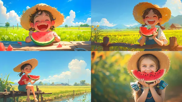/imagine a little girl eating watermelon on a farm, by Maria Hernandez, unsplash, joyful expression, green fields, sunny day, bright colors, rustic atmosphere, wooden fence, straw hat, freckles, pure happiness, blissful moment --relax --aspect 16:9 --niji 6 --quality 1 --stylize 100