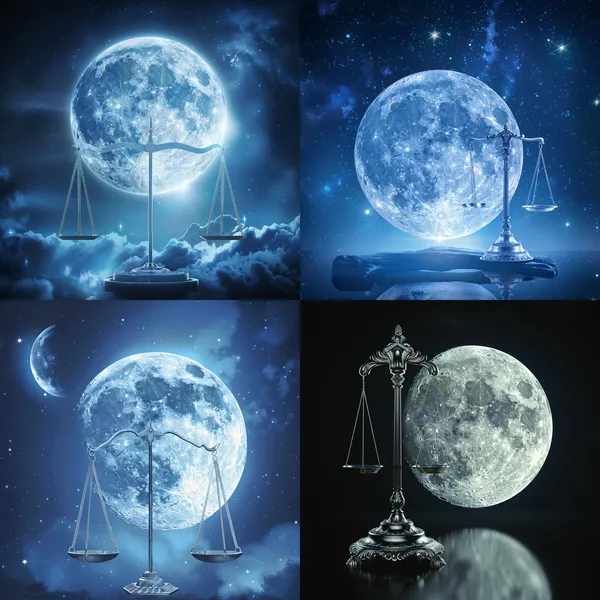 /imagine A bright full moon with a backdrop of Libra scales, next to a silver number 2, symbolizing abundance, stability, and self-worth. --relax --aspect 1:1 --version 6 --quality 1 --stylize 100