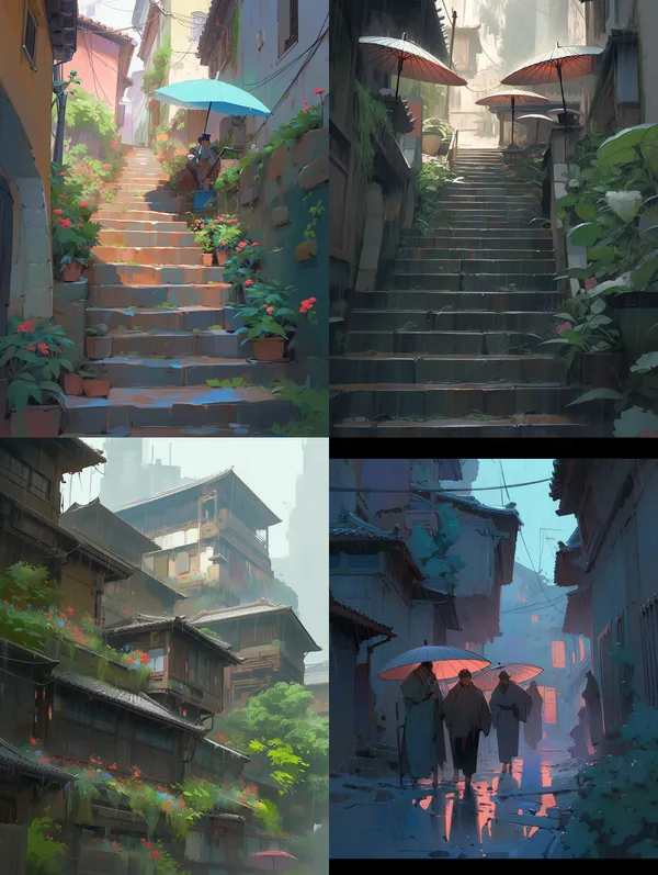 /imagine Help me to draw the rain picture of the alleys in ancient China, the scene is primary and secondary, and the picture is beautiful and smart. --relax --aspect 3:4 --niji 5 --style expressive --quality 1 --stylize 250