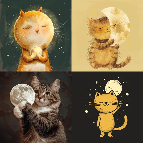/imagine Cute cat holding the moon --relax --aspect 1:1 --version 6 --style raw --quality 2 --stylize 100 --no 生成一片星空，有很多顆星星