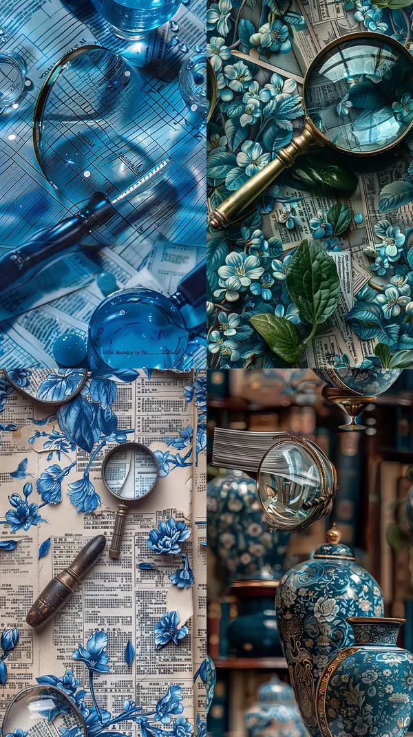 /imagine Virgo symbol, checking answers, exam papers and magnifying glass, focused atmosphere, detailed style, nelson wu, blue and white tones, high precision, 50mm lens     --relax --aspect 9:16 --version 6 --style raw --tile --quality 2 --chaos 1 --stylize 750