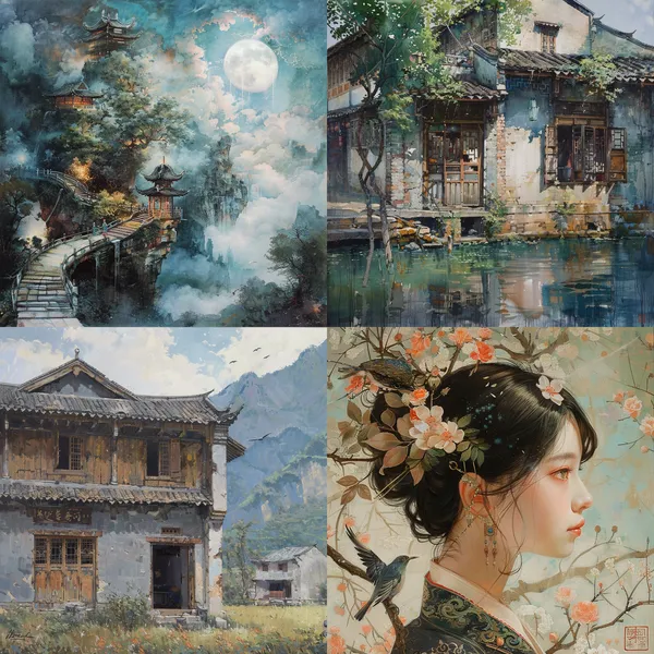 /imagine 遠景河邊有一小屋，有河流有樹木有小鳥，生活寫意 --relax --aspect 1:1 --version 6 --quality 1 --stylize 100