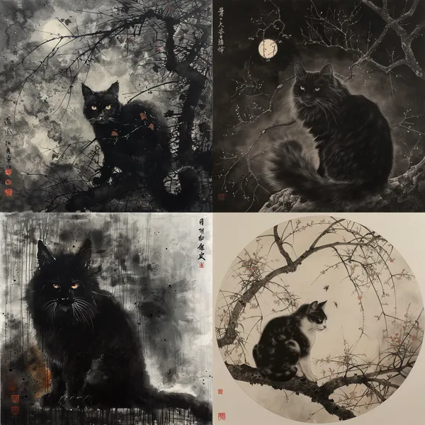 /imagine 画一只黑白边牧，一只橘猫，一只灰色美短。三只站在一起 --relax --aspect 1:1 --version 6 --quality 1 --stylize 100