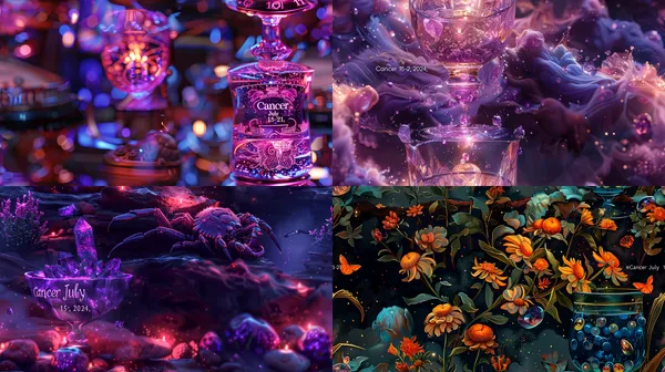 /imagine Feature "Cancer" prominently, an amethyst-decorated chalice, the date "July 15-21, 2024," and the zodiac symbol. --relax --aspect 16:9 --version 6 --style raw --tile --quality 2 --chaos 1 --stylize 750