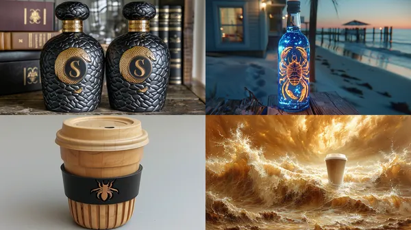 /imagine Scorpio zodiac fantasy style mood coffee coffee beverage bottle packaging HD 8K  --relax --aspect 16:9 --version 6 --style raw --quality 2 --chaos 100 --stylize 1000
