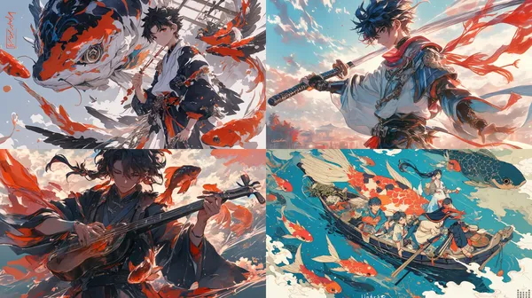 /imagine Feature "Linbra" prominently, a koi-shaped piece made of agate, there chinese boys and the zodiac symbol. --relax --aspect 16:9 --niji 6 --quality 2 --chaos 1 --stylize 750