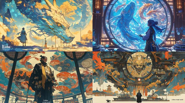 /imagine Feature "Linbra" prominently，Highlighting the "virtual world" and consciousness uploading, a Chinese scientist stands under a magnificent koi decoration, hand drawn illustration style, highlighting Chinese elements. --relax --aspect 16:9 --niji 6 --quality 2 --chaos 1 --stylize 750