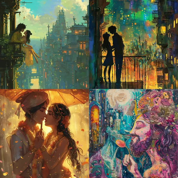 /imagine The happy life of two gods in love in the city --relax --aspect 1:1 --version 6 --quality 0.5 --stylize 100