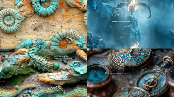 /imagine Capricorn" prominently, a turquoise-decorated chalice, the date "July 22-28, 2024," and the zodiac symbol.
 --relax --aspect 16:9 --version 6 --style raw --tile --quality 2 --chaos 100 --stylize 1000