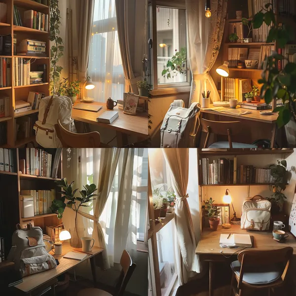 /imagine Cozy study room, with a white backpack placed on the desk. Books, a desk lamp, potted plants, minimalist style, wooden desk, neat, warm, soft light. A coffee cup placed on the desk, curtains, comfortable chair, bookshelf, decorations, tranquil, conducive to studying, filled with the aroma of books. A relaxing and pleasant reading environment. --relax --aspect 1:1 --version 6 --quality 1 --stylize 100