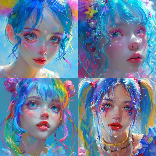 /imagine a blue, girl with colorful hair, in the style of yanjun cheng, clowncore, 32k uhd, painted illustrations, close up, lively tableaus, kawaii art HD 8K --relax --aspect 1:1 --version 6 --quality 1 --stylize 100