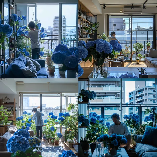 /imagine A Japanese standard modern condo living room filled with blue flowers bought from flowers shops, a man is in the room talking care of the blue flowers, there’s a balcony, there’s a sofa. --relax --aspect 1:1 --version 6 --quality 1 --stylize 100