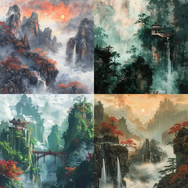 /imagine 绿色的江水和红色的群山，天空的老鹰和水里的鱼。 --relax --aspect 1:1 --version 6 --quality 1 --stylize 77