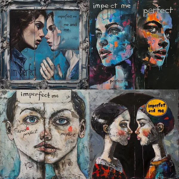 /imagine 《imperfect me and perfect me》
 --relax --aspect 1:1 --version 6 --quality 1 --stylize 100