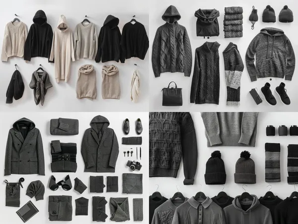 /imagine knolling, knitwear fashion apparel in dark tone color, white background, including suit, hoodie, pullover, tee, dress --relax --aspect 4:3 --version 6 --quality 1 --stylize 100