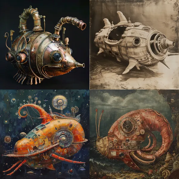 /imagine nautilus in form of a submarine --relax --aspect 1:1 --version 6 --quality 1 --stylize 100
