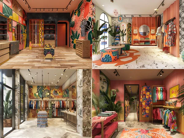 /imagine Store layout for a Chinese fashion tailor brand in South Africa, with South African design elements like Afrocentric color and tropical pattern --relax --aspect 4:3 --version 6 --quality 1 --stylize 100