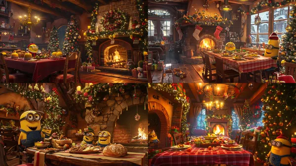 /imagine In a corner of the Minions' restaurant, a warm fireplace crackles, surrounded by festive Christmas decorations. The table is laden with a bountiful feast, embodying the cheerful spirit of the season. --turbo --aspect 16:9 --version 6 --quality 1 --stylize 100