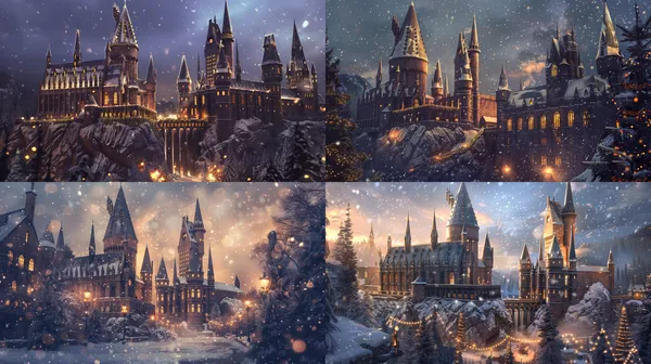 /imagine The majestic Hogwarts Castle stands under a gentle snowfall, beautifully adorned with numerous Christmas elements. Warm tones and rich details create a cozy, magical atmosphere throughout the castle. --turbo --aspect 16:9 --version 6 --quality 1 --stylize 100