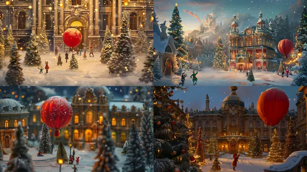 /imagine Outside the grand entrance of the magnificent palace, tiny little people are busy decorating Christmas trees, with one perched atop a giant red balloon. In a snowy holiday atmosphere filled with numerous Christmas trees and colorful lights, the striking size contrast highlights their smallness, creating a richly detailed panoramic view. --turbo --aspect 16:9 --version 6 --quality 1 --stylize 100