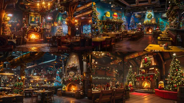 /imagine A classic restaurant scene from the Minions movie, featuring a large fireplace and abundant Minion elements along with steel pipe accents. Set in a festive Christmas atmosphere, the scene is decorated with numerous Christmas trees and colorful lights, creating a richly detailed panoramic view. --turbo --aspect 16:9 --version 6 --quality 1 --stylize 100