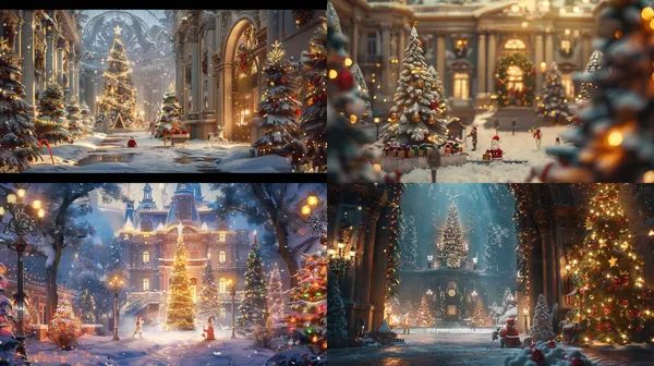/imagine Outside the grand entrance of a magnificent palace, a group of tiny figures is busy decorating for Christmas. One little figure sits beside a towering Christmas tree, surrounded by a snowy holiday atmosphere filled with numerous Christmas trees and colorful lights. The scene is rich in detail and bathed in soft, warm light, creating a beautiful panorama. --turbo --aspect 16:9 --version 6 --quality 2 --stylize 100