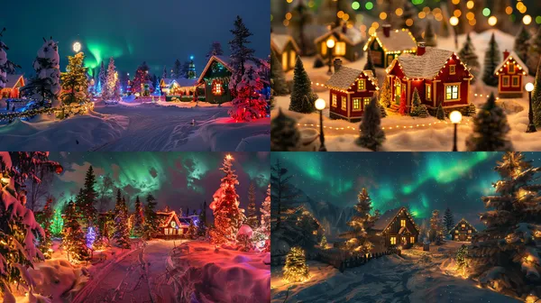 /imagine A scene from a Christmas village in the Arctic, featuring the Northern Lights. The focal point is a charming Christmas cottage, surrounded by a festive atmosphere filled with numerous Christmas trees and colorful lights. The panorama is rich in detail, illuminated by soft, warm light, creating a magical setting. --turbo --aspect 16:9 --version 6 --quality 2 --stylize 100