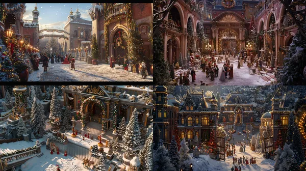 /imagine A grand palace courtyard entrance scene, with many tiny people gathered at the gate amidst numerous Christmas elements. The panoramic view has a cinematic feel and exquisite details. --turbo --aspect 16:9 --version 6 --quality 2 --stylize 100