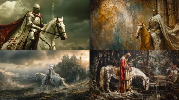 /imagine Sir Galahad is a legendary figure in Arthurian legend, celebrated as one of the Knights of the Round Table. He is renowned for his purity and virtue and is often depicted as the epitome of chivalry in medieval literature. Galahad is best known for his successful quest to find the Holy Grail, the cup believed to have been used by Jesus at the Last Supper. According to the legends, he is the son of Sir Lancelot and Elaine of Corbenic and is sometimes portrayed as achieving a spiritual perfection that allows him to witness divine visions, ultimately being taken to heaven. His story symbolizes the ideals of purity, piety, and the pursuit of a higher spiritual calling. --turbo --aspect 16:9 --version 6 --quality 2 --stylize 100