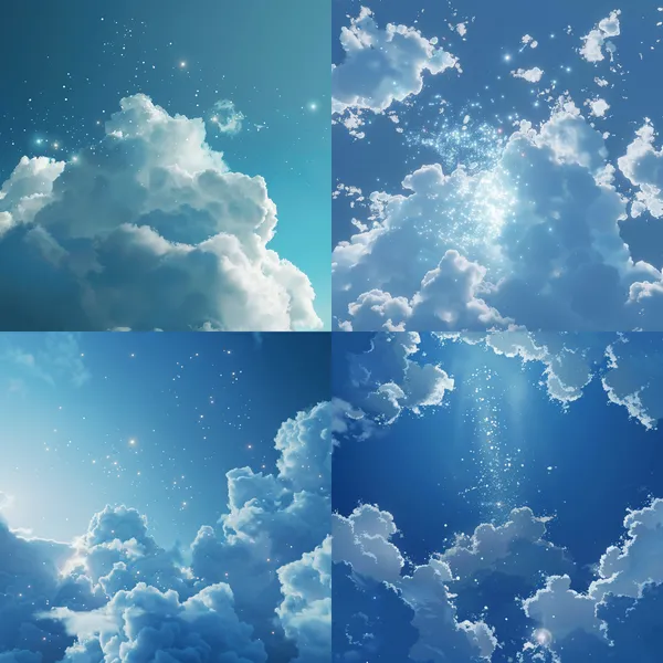 /imagine Please generate a realistic 3D scene image for me, depicting a blue sky. The perspective should be at eye level. The entire picture is dominated by a deep blue sky, pure and profound. A few white clouds float leisurely, each with a unique shape, light and ethereal. In the middle, light spots are scattered from the clouds. Shot: Medium shot. The camera focuses on the white cloud in the center. The cloud gradually becomes brighter, as if infused with a mysterious power. The light spots slowly fall from the center of the cloud, like brilliant stars descending to the earth. The light spots twinkle in the air, forming beautiful light trails, giving a dreamy feeling. The image resolution must be 3840×2160 pixels or higher. Every detail in the picture should be clearly visible, with smooth object edges, natural color transitions, no noise or distortion. Both the main subject and the background should have a fine texture to reflect the high quality of the product, suitable for large-scale offline display and high-definition online dissemination. --relax --aspect 1:1 --version 6 --quality 2 --stylize 100