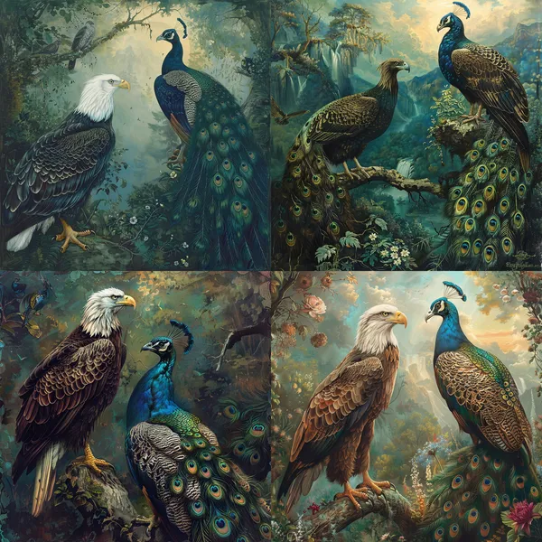 /imagine The haughty eagle is courting the brave and lonely peacock. --relax --aspect 1:1 --version 6 --quality 1 --stylize 100