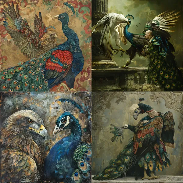 /imagine The haughty eagle is courting the brave and lonely peacock. The peacock rejects the eagle. The animal's head man's body. --relax --aspect 1:1 --version 6 --quality 1 --stylize 100
