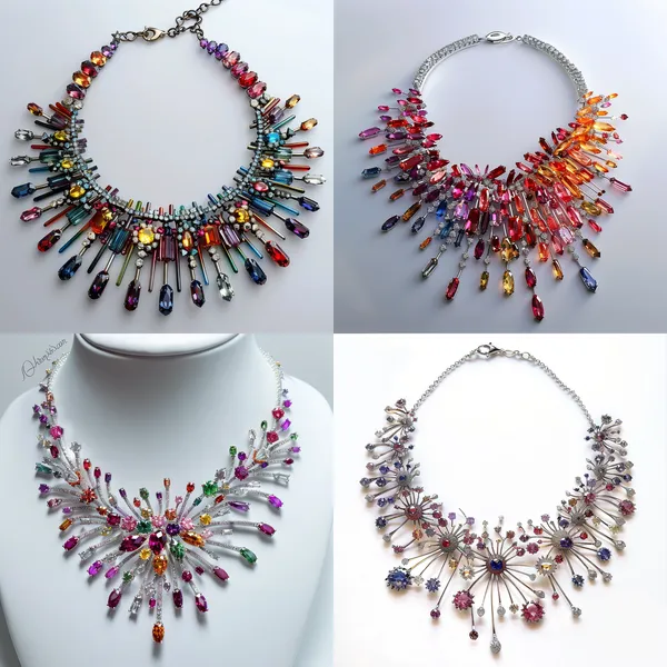 /imagine This is a necklace inspired by fireworks, the whole fireworks are mainly framed with metal, gemstones are used as fireworks colors, solid color background, very exquisite, pure white background, very suitable for the nobles' daughters to wear --relax --aspect 1:1 --version 6 --quality 2 --stylize 100