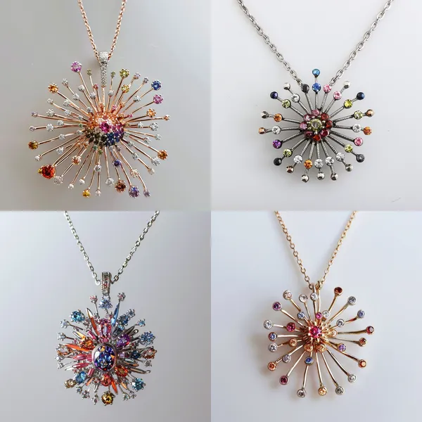 /imagine This is a necklace inspired by fireworks, the whole fireworks are mainly framed with metal, gemstones are used for fireworks colors, the necklace only has a pendant inspired by fireworks, the chain is still good to wear, the solid color background, very exquisite, very small and mini, pure white background, very suitable for the nobles' daughters to wear --relax --aspect 1:1 --version 6 --quality 2 --stylize 100