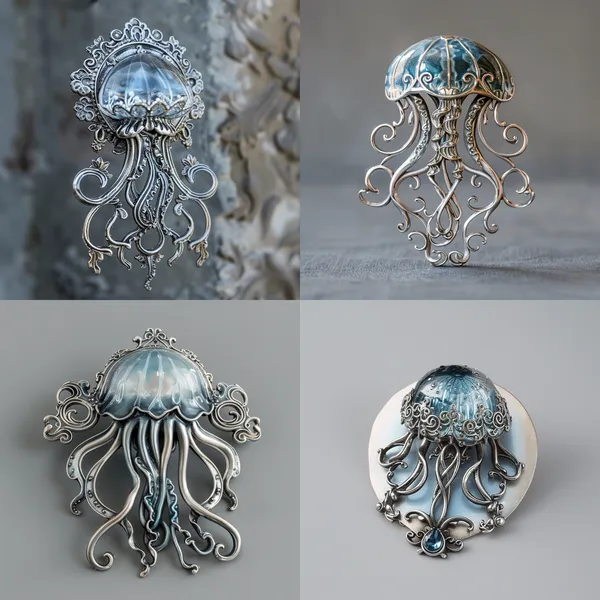 /imagine It is a baroque brooch with a noble and ornamental finish, perfect for high-end banquets. The whole brooch outlines such a picture, the jellyfish floating in the ocean, with metal products to outline the jellyfish's flexible and elegant silhouette frame, which is also the main inspiration for the whole design, the whole brooch is silver with a little light blue halo, placed in the light gray background. --relax --aspect 1:1 --version 6 --quality 2 --stylize 100