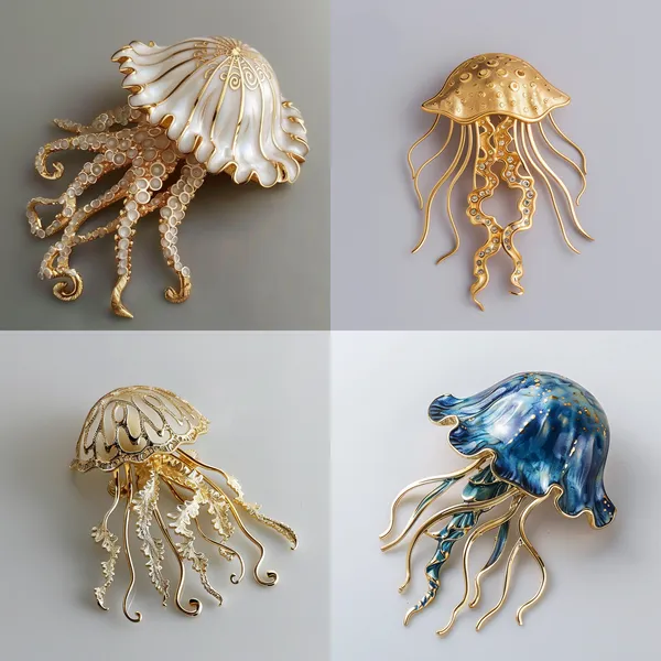/imagine This is a sleek and elegantly shaped brooch, and the whole brooch is noble and very ornamental, which is perfect for high-end banquets. The whole brooch outlines such a picture, the jellyfish floating in the ocean, with metal products to outline the jellyfish's agile and elegant silhouette frame, which is also the main inspiration for the whole design, the whole brooch is golden, placed in a pure white background. --relax --aspect 1:1 --version 6 --quality 2 --stylize 100